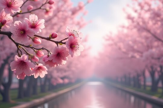A branch of sakura on the background of an alley with cherry blossoms