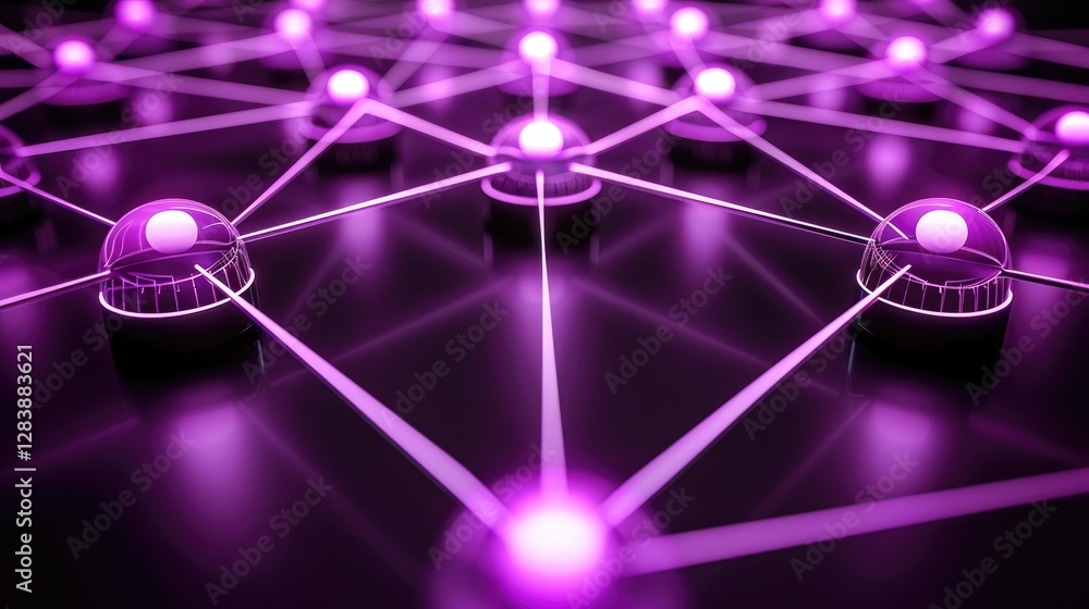Poster a digital network design featuring interconnected nodes illuminated in purple, set against a dark ba