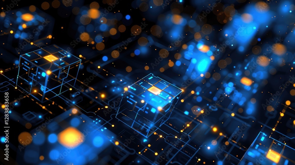 Aufkleber a vibrant, abstract representation of interconnected digital blocks illuminated with blue and orange