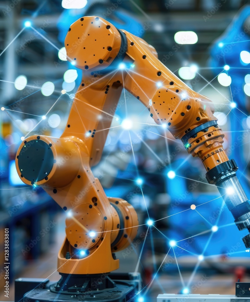Poster a robotic arm operates in an industrial setting, connected through a network of digital nodes, symbo