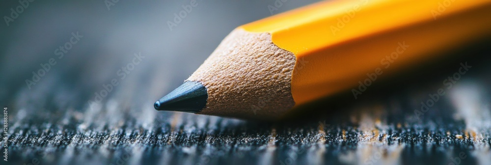 Poster close up view of sharpened yellow pencil resting on dark wooden surface with fine details and textur