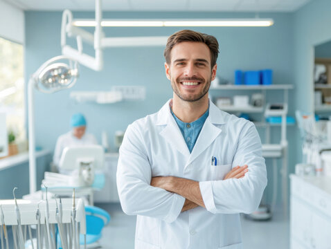 Confident male dentist in white coat smiling in dental clinic