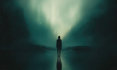 Solitary figure, foggy beach, mystical light, coastal landscape, mood photography