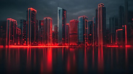 Futuristic city skyline at dusk with glowing red outlines reflecting on water surface