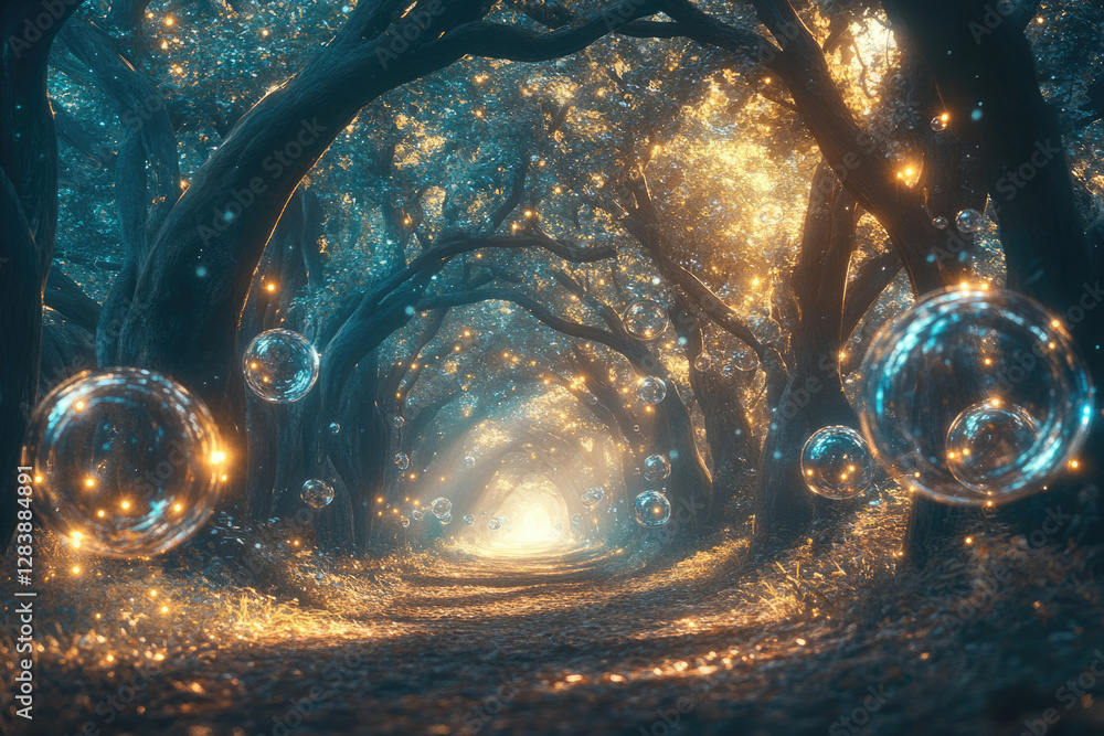 Poster enchanted forest path glowing with magical bubbles and warm light, a dreamy scene.