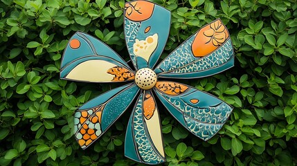 Teal and Orange Ceramic Flower Garden Decor: Outdoor Art Photography AI Generated
