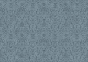 Hand-drawn unique abstract symmetrical seamless ornament. Dark blue on a light blue background. Paper texture. Digital artwork, A4. (pattern: p13-1c)