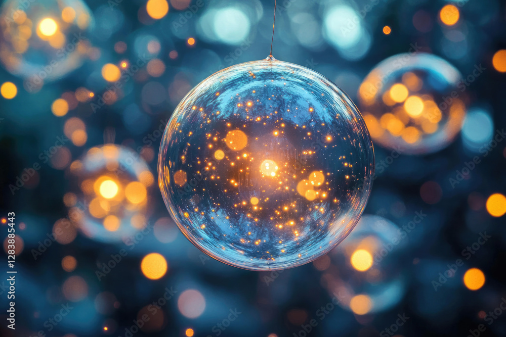 Aufkleber a glass sphere reflects a mesmerizing array of warm, golden lights against a cool blue backdrop, cre