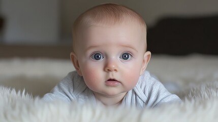Curious baby with big blue eyes lying on soft fur rug, exploring surroundings, capturing innocence and wonder, adorable infant portrait, baby care concept