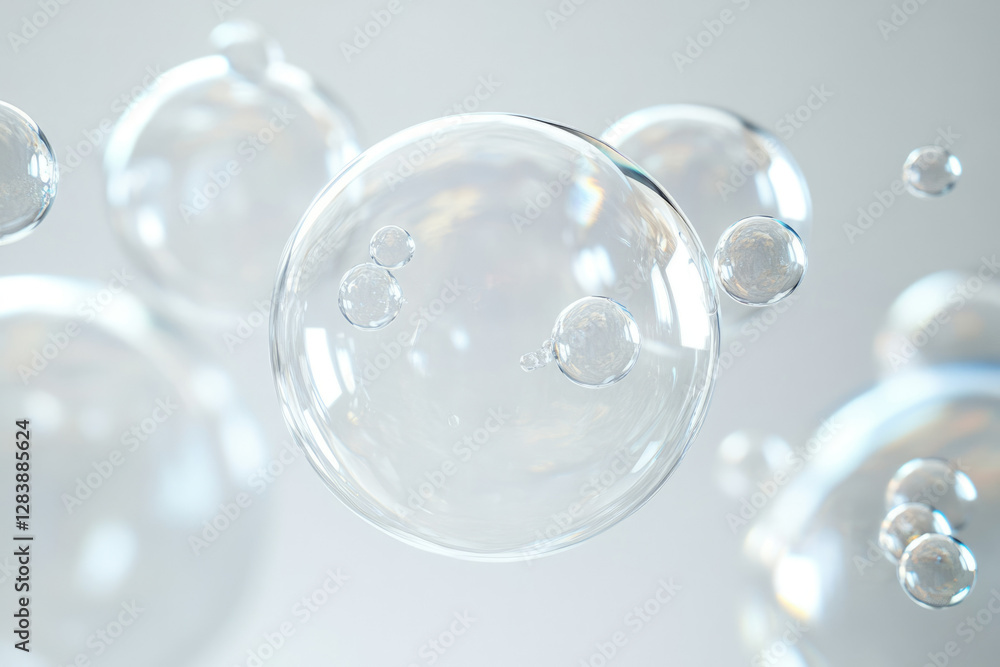 Poster Transparent bubbles float in a ethereal, soft-lit environment, showcasing their delicate forms and light refractions.