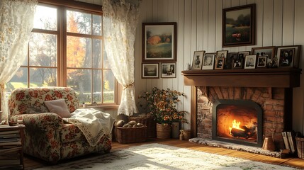 Fototapeta premium A rustic country-style living room, a floral armchair facing a warm fireplace, family photographs lining the mantel, handmade lace curtains framing the windows,