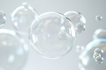 Transparent bubbles float in a ethereal, soft-lit environment, showcasing their delicate forms and light refractions.