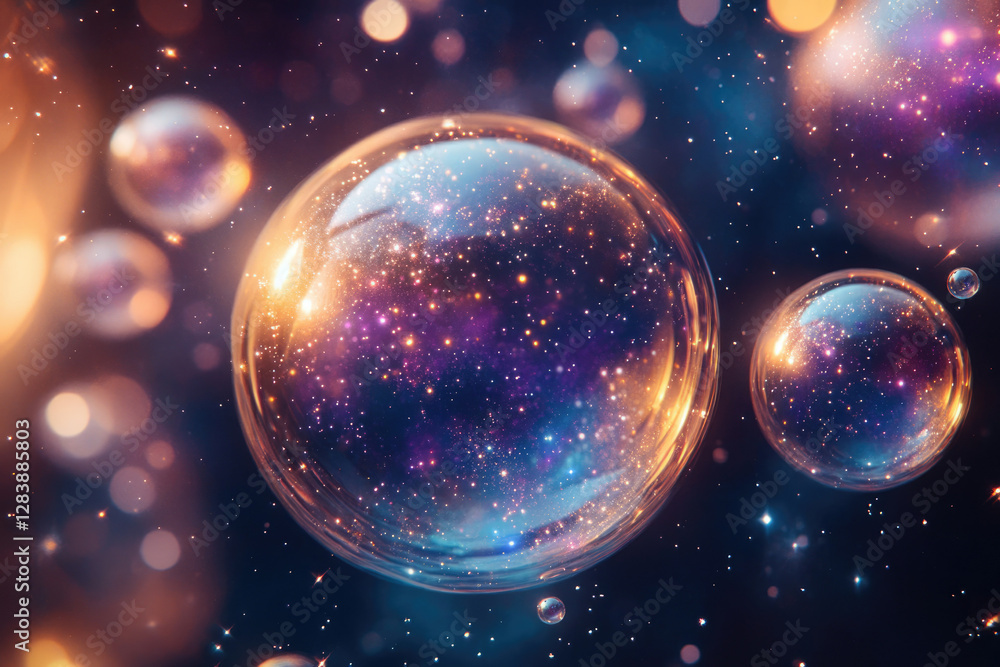 Poster Cosmic bubbles float in a dark space filled with sparkling stars and galaxies, a mesmerizing sight.