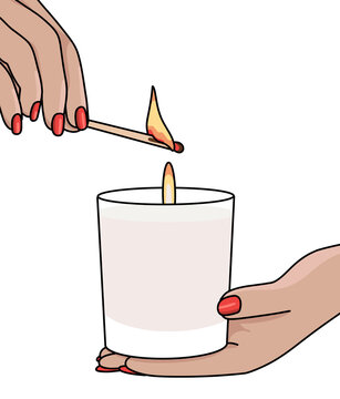 Woman Burning Aroma Candle in a Glass Jar. Warm and Cozy Autumn Spa Atmosphere. Hand draw vector illustration