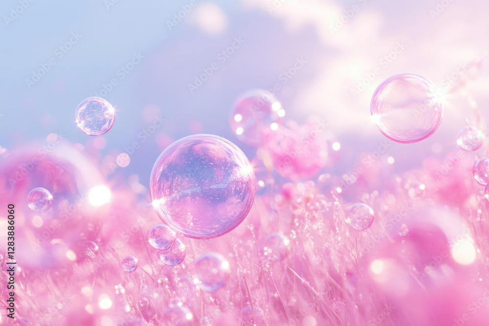 Poster pink bubbles float over a field of pink grass, dreamy and ethereal.
