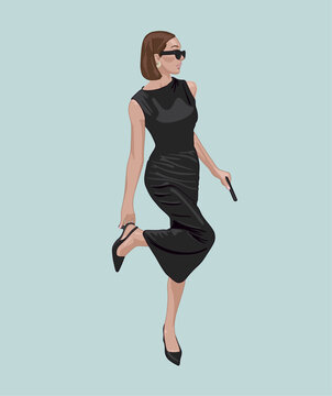 Stylish Woman Walking in a Black Dress and Sunglasses