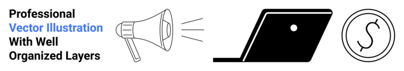 Megaphone projecting sound, laptop profile in use, dollar sign coin representing financial focus. Ideal for marketing, advertising, communication, business strategy, finance, digital tools abstract