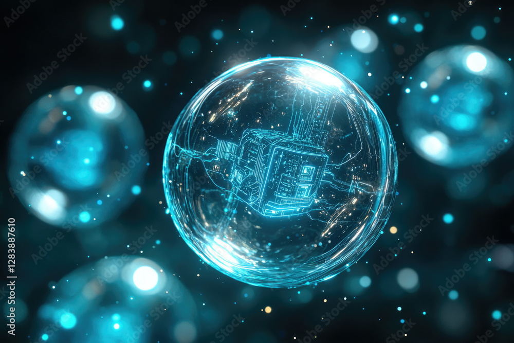 Poster a futuristic digital chip encased in a glowing transparent sphere, surrounded by bokeh.