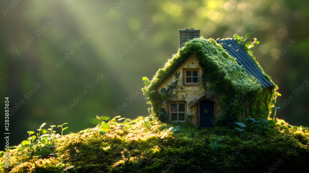 Poster Small house covered in moss standing on a small hill also covered in moss in a forest with sun rays filtering through the trees