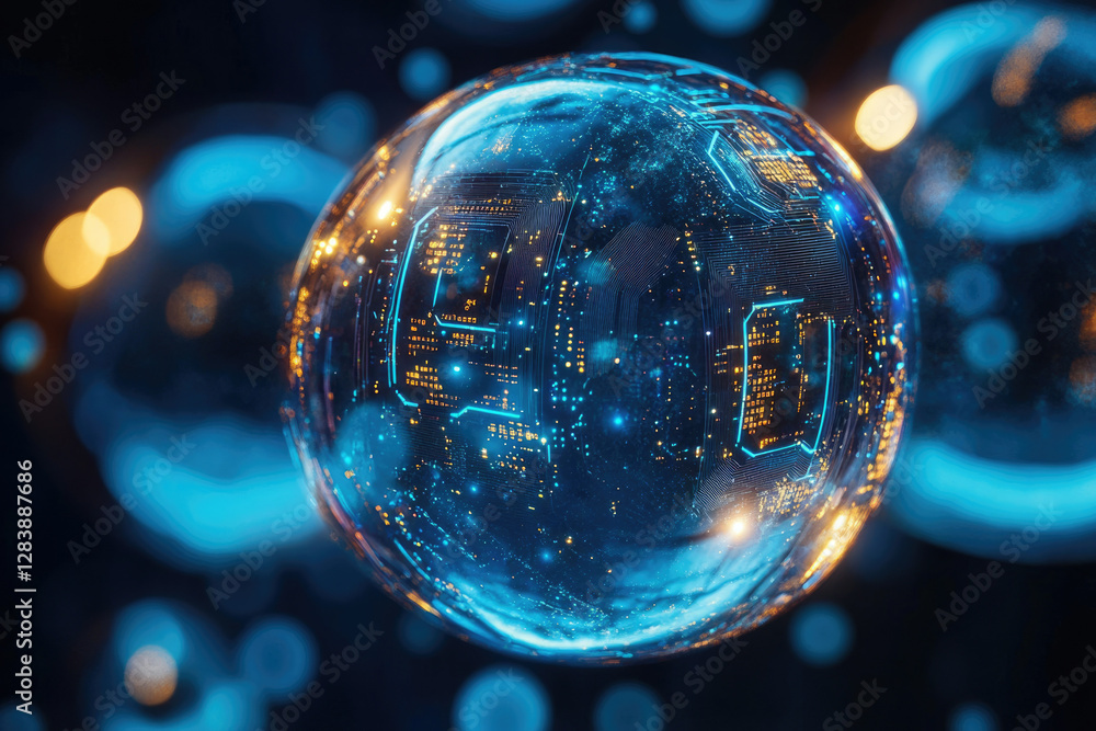 Poster a futuristic glass sphere encapsulates a glowing circuit board, representing technological innovatio