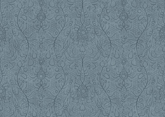 Hand-drawn unique abstract symmetrical seamless ornament. Dark blue on a light blue background. Paper texture. Digital artwork, A4. (pattern: p13-2b)