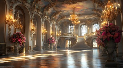 Obraz premium A stunning grand ballroom of a French palace, adorned with towering candelabras, a beautifully painted ceiling, extravagant floral arrangements,