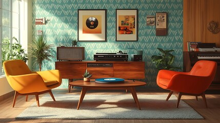 A stylish mid-century modern living room with bold geometric wallpaper, a sleek wooden coffee table, vibrant orange and teal armchairs, and a vintage record player spinning a classic vinyl. Warm,