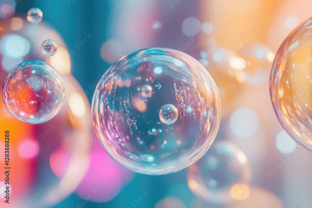 Poster translucent bubbles float in a vibrant, colorful bokeh background, creating a dreamy, ethereal scene