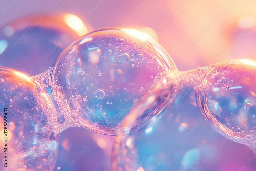 Poster close-up of iridescent bubbles interconnected, showcasing their translucent texture and vibrant colo
