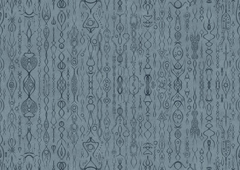 Hand-drawn unique abstract symmetrical seamless ornament. Dark blue on a light blue background. Paper texture. Digital artwork, A4. (pattern: p14a)