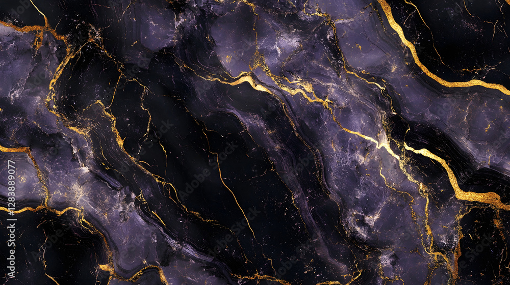 Poster Exquisite abstract background with a mesmerizing marble texture showcasing swirling golden patterns in rich dark purple and grey shades  This stunning