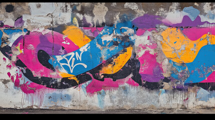 Graffiti Style Hip Hop Rap Inspired Splashes Of Various Vibrant Abstract Colors On A Dingy Concrete And Plaster Background Wall, Grunge Style.