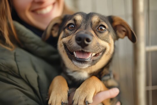 Happy dog held by smiling woman adorable puppy pet adoption animal love