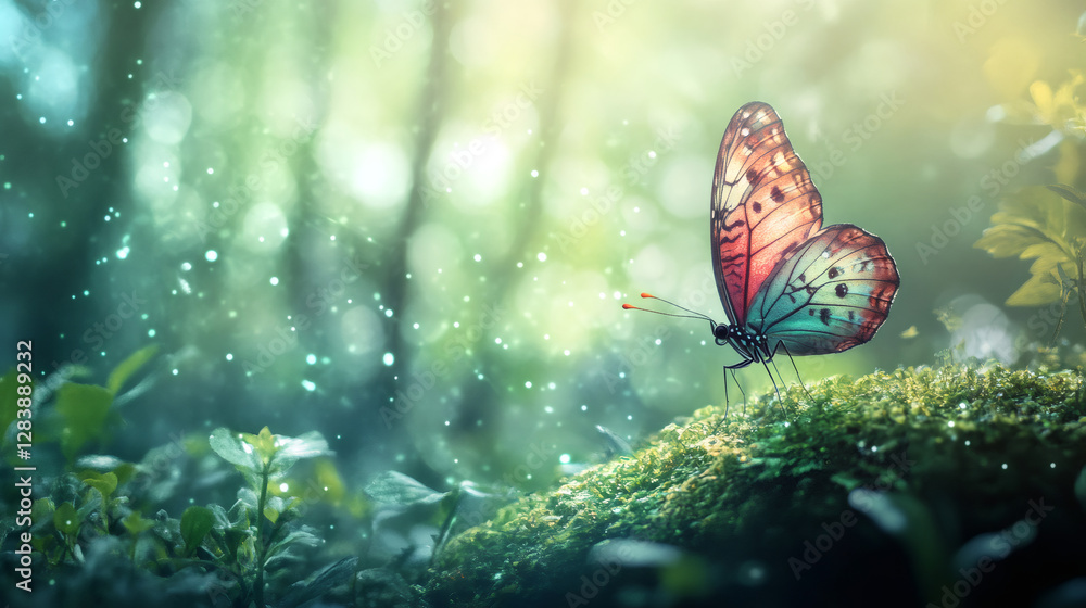 Poster Beautiful butterfly with orange and turquoise wings resting on a patch of moss in an enchanted forest with sparkling lights
