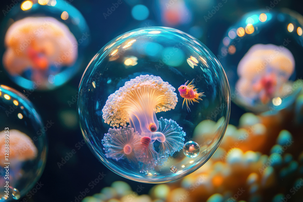 Poster a mesmerizing underwater scene featuring a jellyfish and a fish encased in a transparent bubble, sur