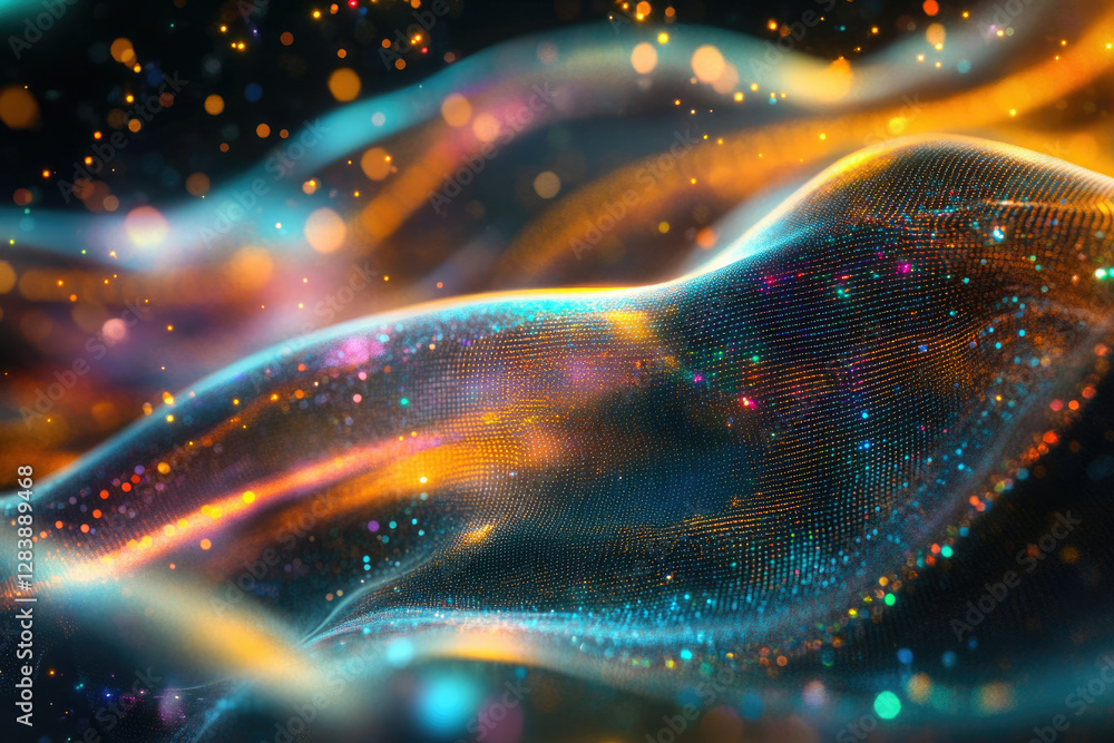 Poster abstract digital wave with vibrant, glowing particles forming a mesmerizing, dynamic pattern.