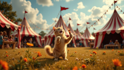 An orange tabby cat in a lively outdoor setting with tents and flowers.