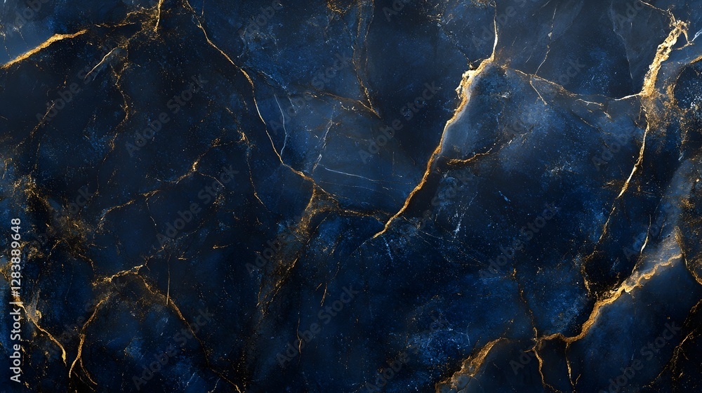 Poster Exquisite cracked marble texture in shimmering hues of deep blue and luminous gold creating a captivating and sophisticated abstract background for design architecture or digital imagery