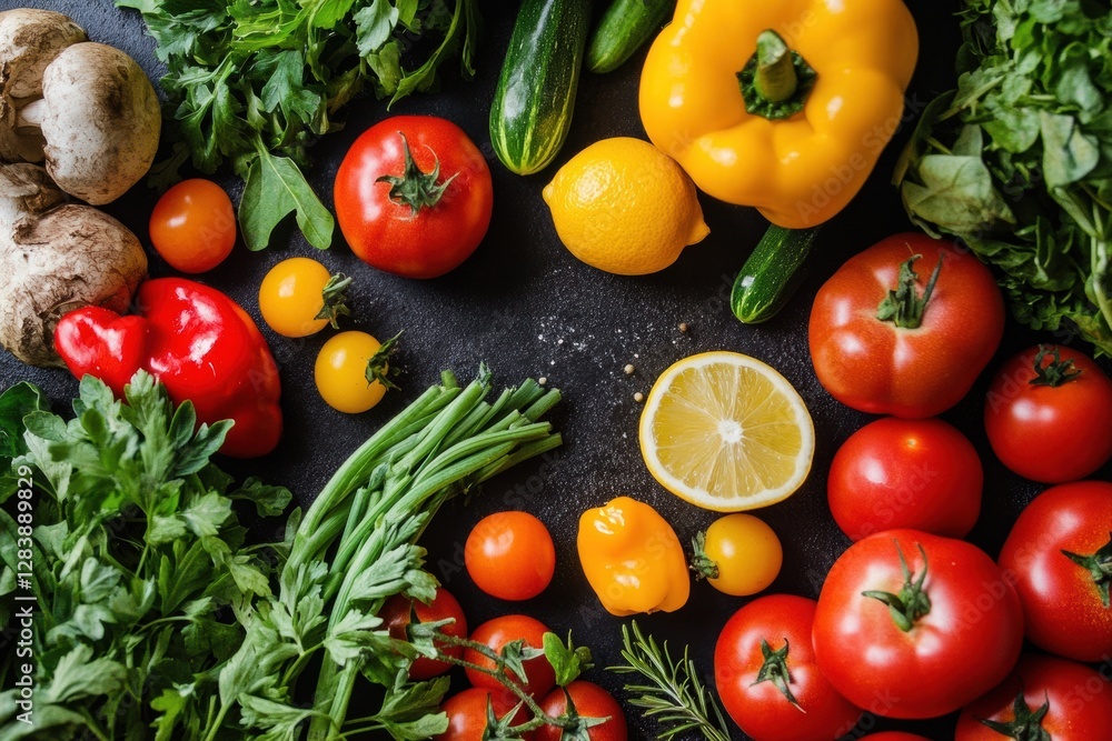 Poster fresh assortment of colorful vegetables and herbs on a dark countertop at a kitchen table preparing 