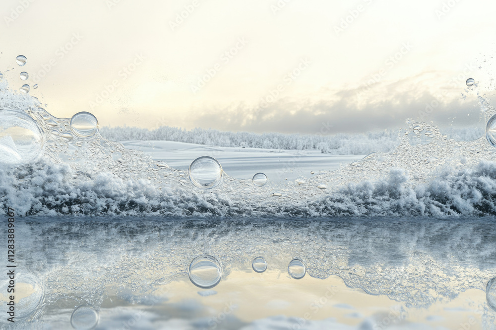Poster winter wonderland scene with ice waves splashing, creating beautiful bubbles reflecting a serene sno