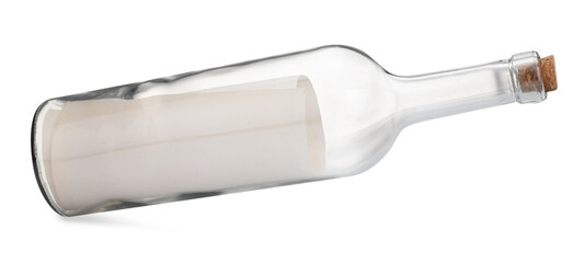 Corked glass bottle with rolled letter in air isolated on white