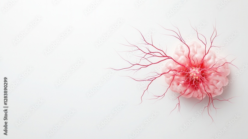 Poster artistic representation of a pink neuron cell with branching dendrites against a clean white backgro