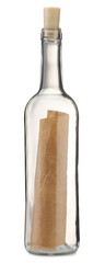 Corked glass bottle with rolled letter isolated on white