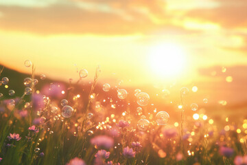 Bubbles float gently over a field of wildflowers at sunset, creating a magical, serene atmosphere.