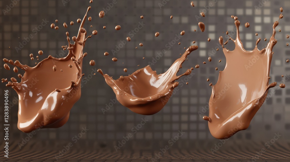 Poster dynamic chocolate splashes against a tiled background