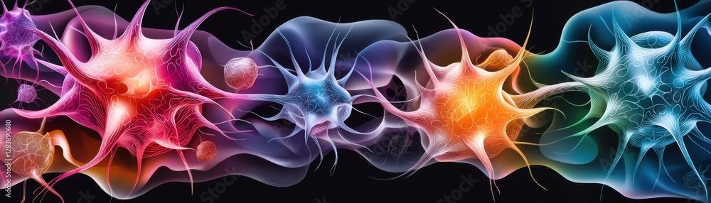 Poster vibrant abstract representation of neurons, showcasing colorful designs and intricate patterns again