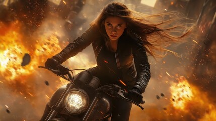 Action shot with woman on the bike riding away from fire and explosion. Dynamic scene in action movie blockbuster style.
