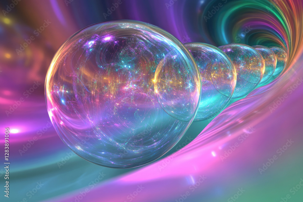 Poster a mesmerizing chain of iridescent spheres floats through a vibrant, swirling nebula, creating a cosm