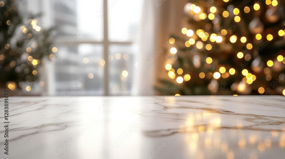 Poster empty marble surface with bokeh christmas lights by the window