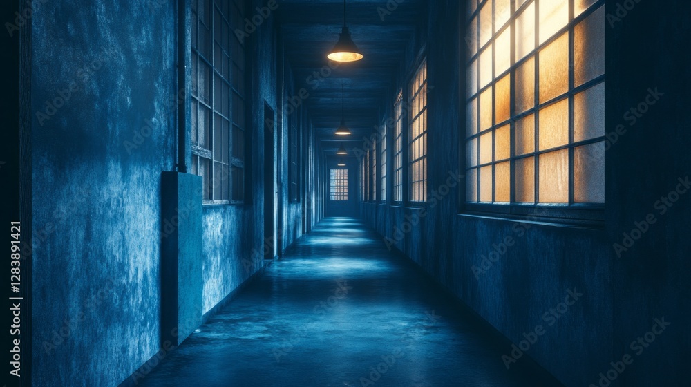 Poster an empty corridor stretches into the distance, illuminated by warm light streaming through tall wind